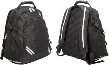 front and back of a black backcare backpack