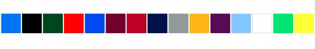 All t-shirt colours in squares in a line